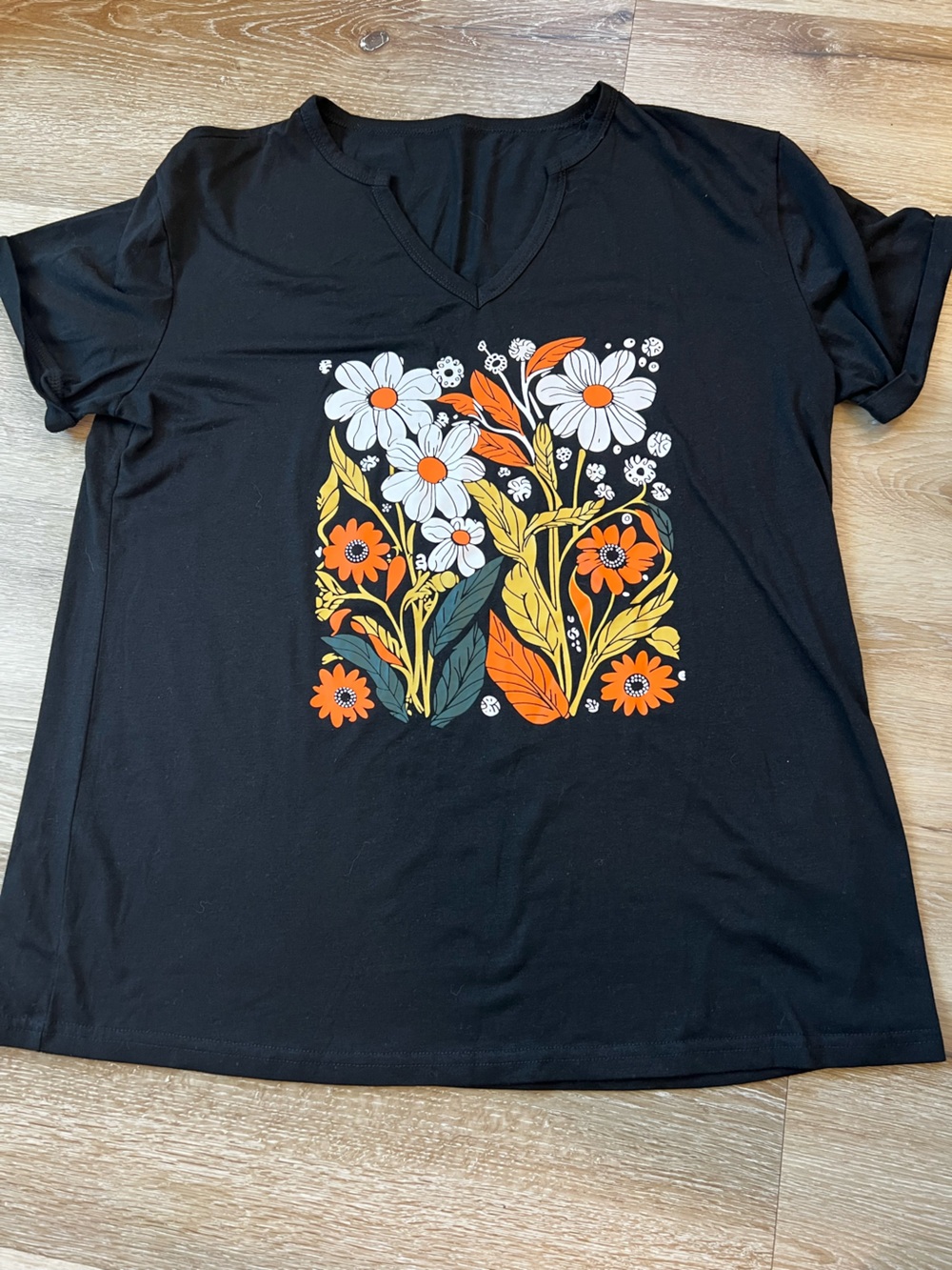 Black Tee with White & Orange Floral Graphic